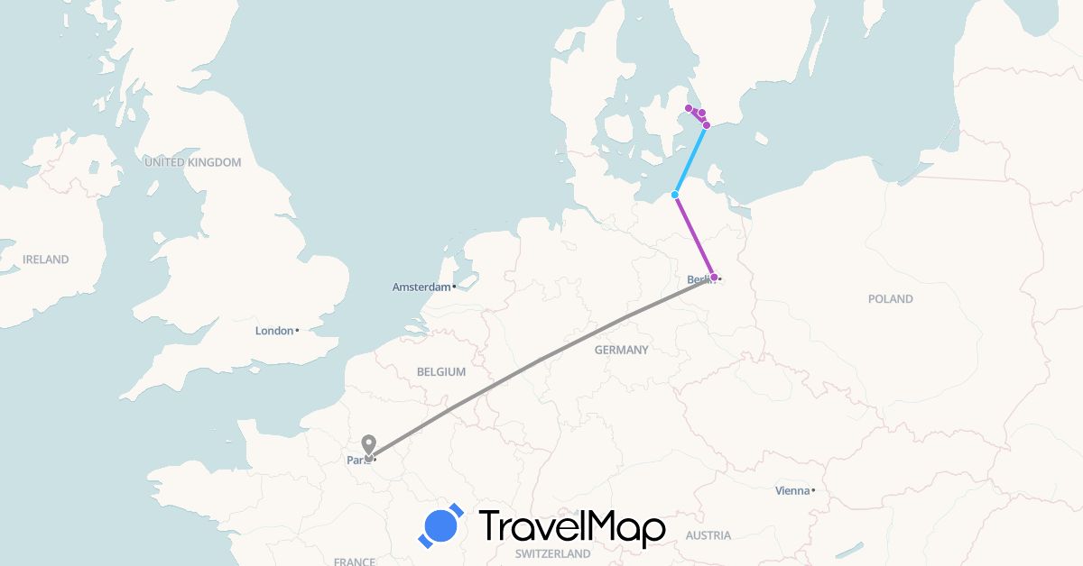 TravelMap itinerary: driving, plane, train, boat in Germany, Denmark, France, Sweden (Europe)